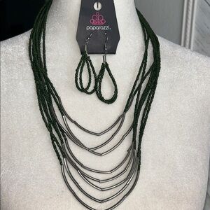 Paparazzi green multi row seed beads and silver barrel beads necklace/earrings
